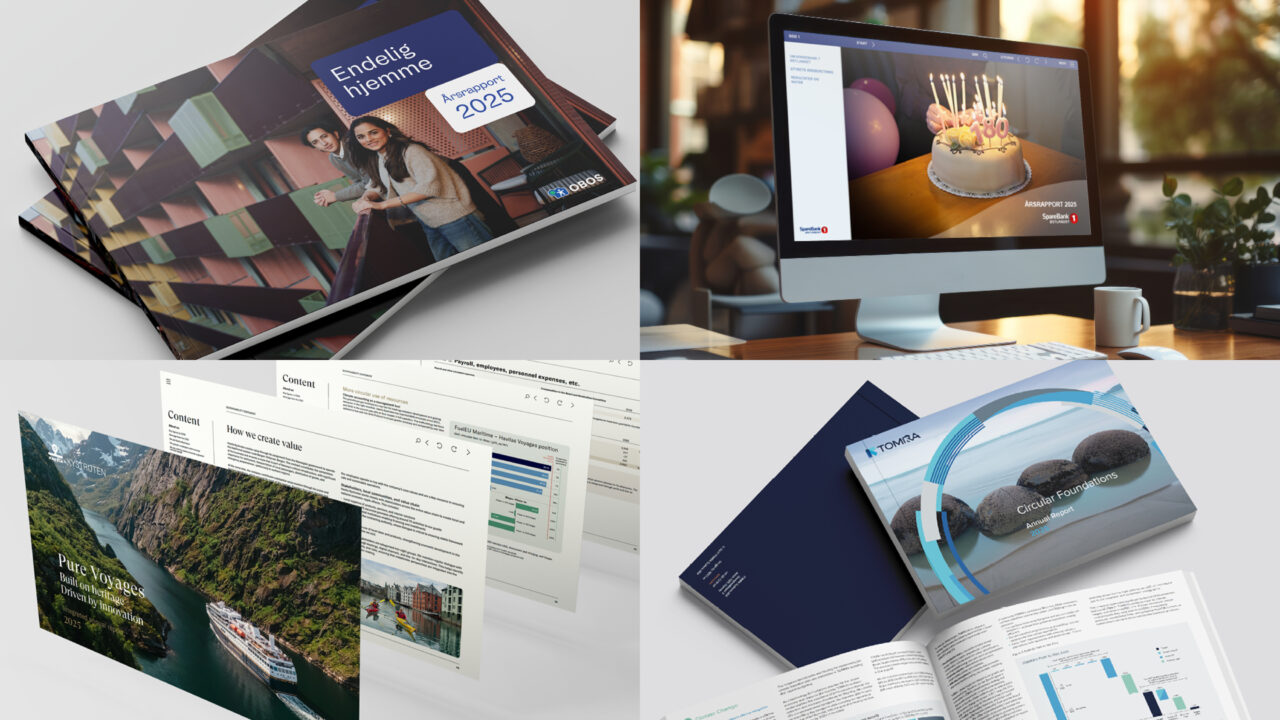 Årsrapport 2026 video stillbilde desktop. Bildet viser en kollasj av fire bilder av ulike årsrapporter.